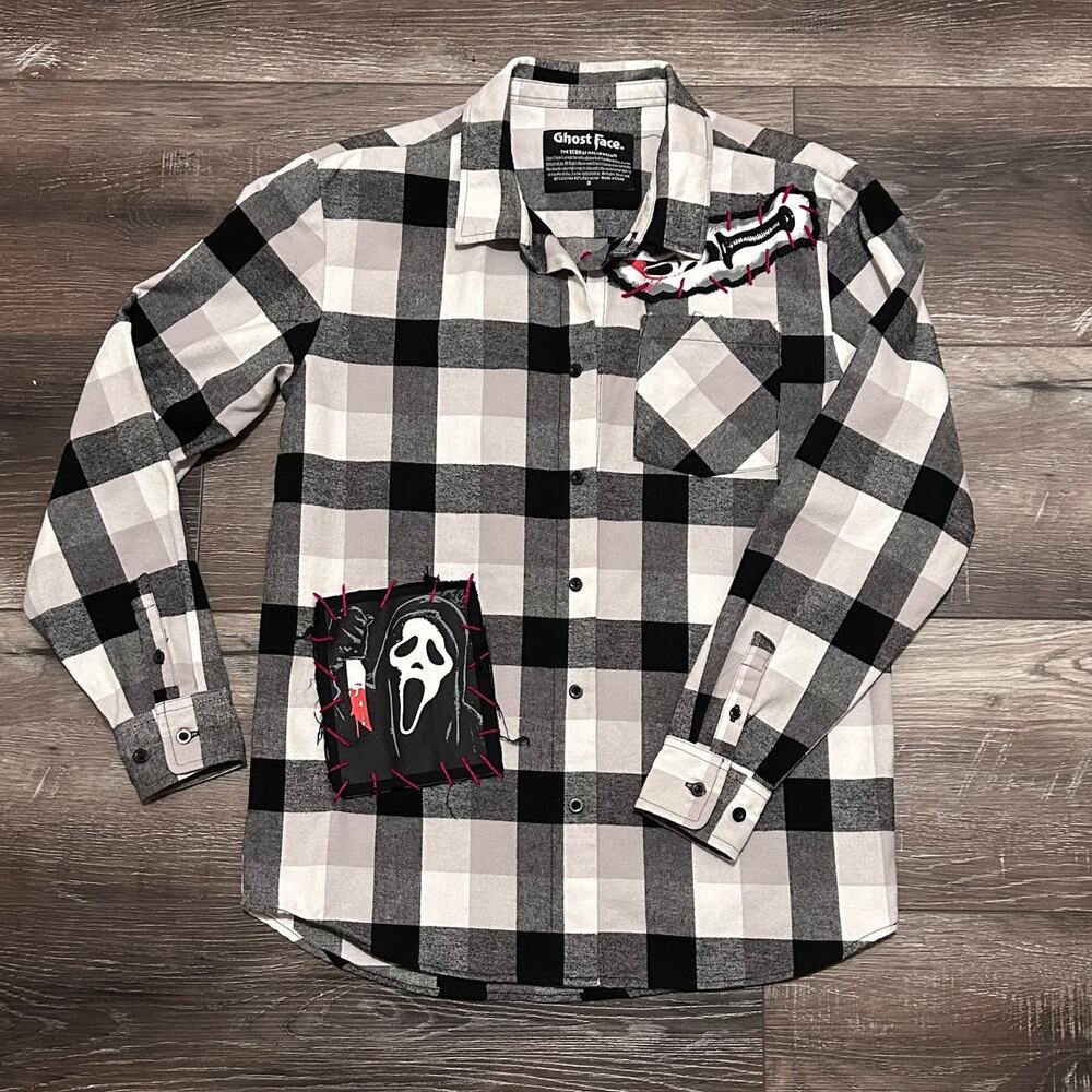 Ghost Face Long Sleeve Black White Plaid Flannel Halloween Scream Adult SM